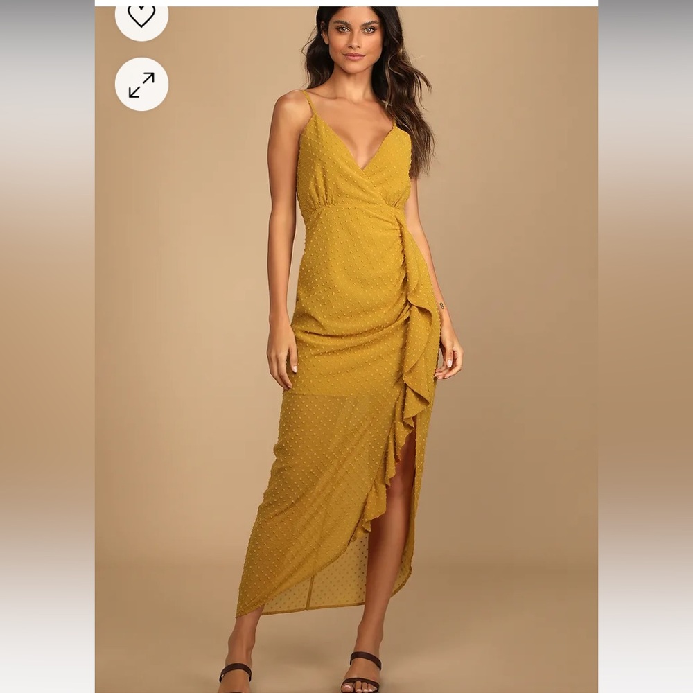 NWOT Lulus For Us to Dance Mustard Yellow Swiss Dot Ruffled Midi Dress
